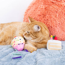 Load image into Gallery viewer, Orange Cat Sitting Next to Pearhead Birthday Cake Catnip Toy