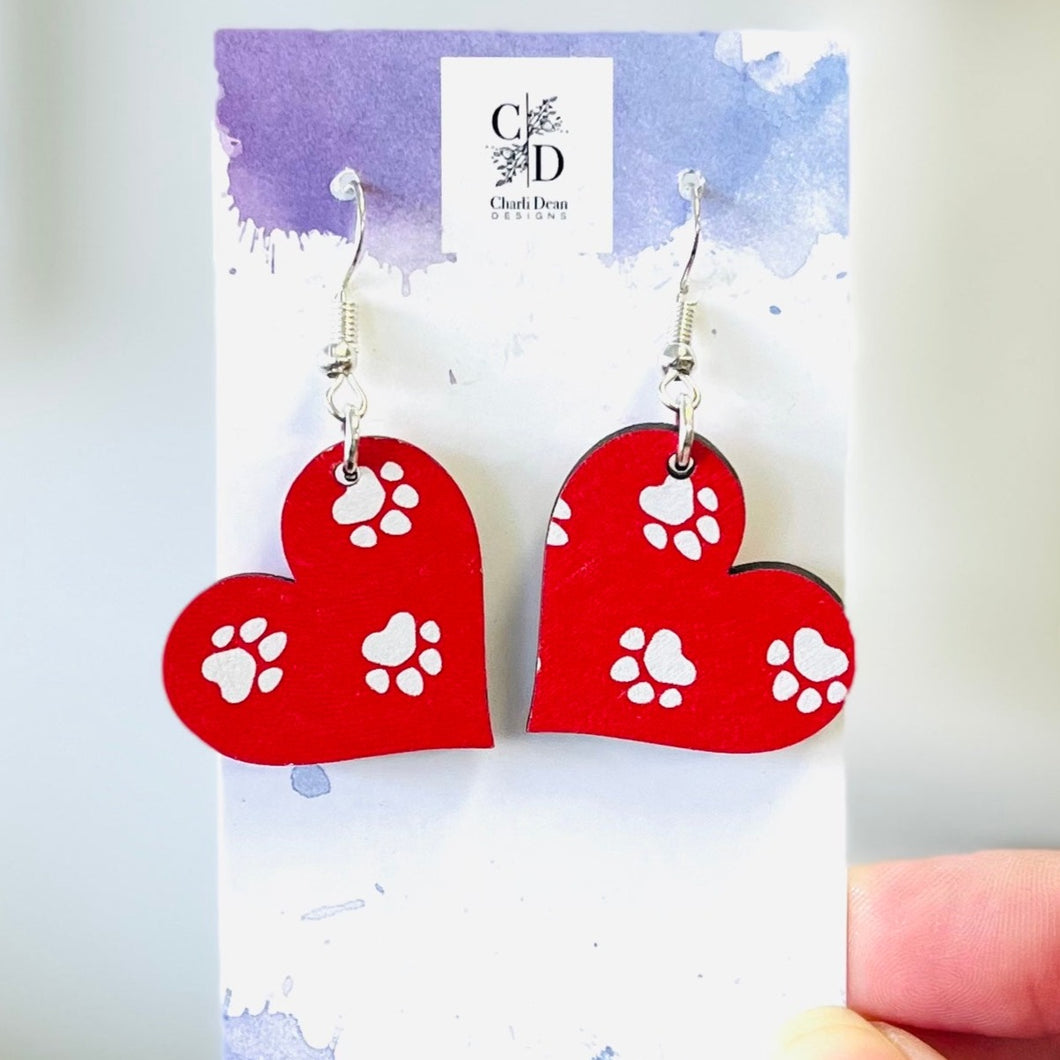 red hearts with paws earrings
