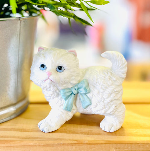 Vintage White Cat with Bowtie Ceramic Figurine