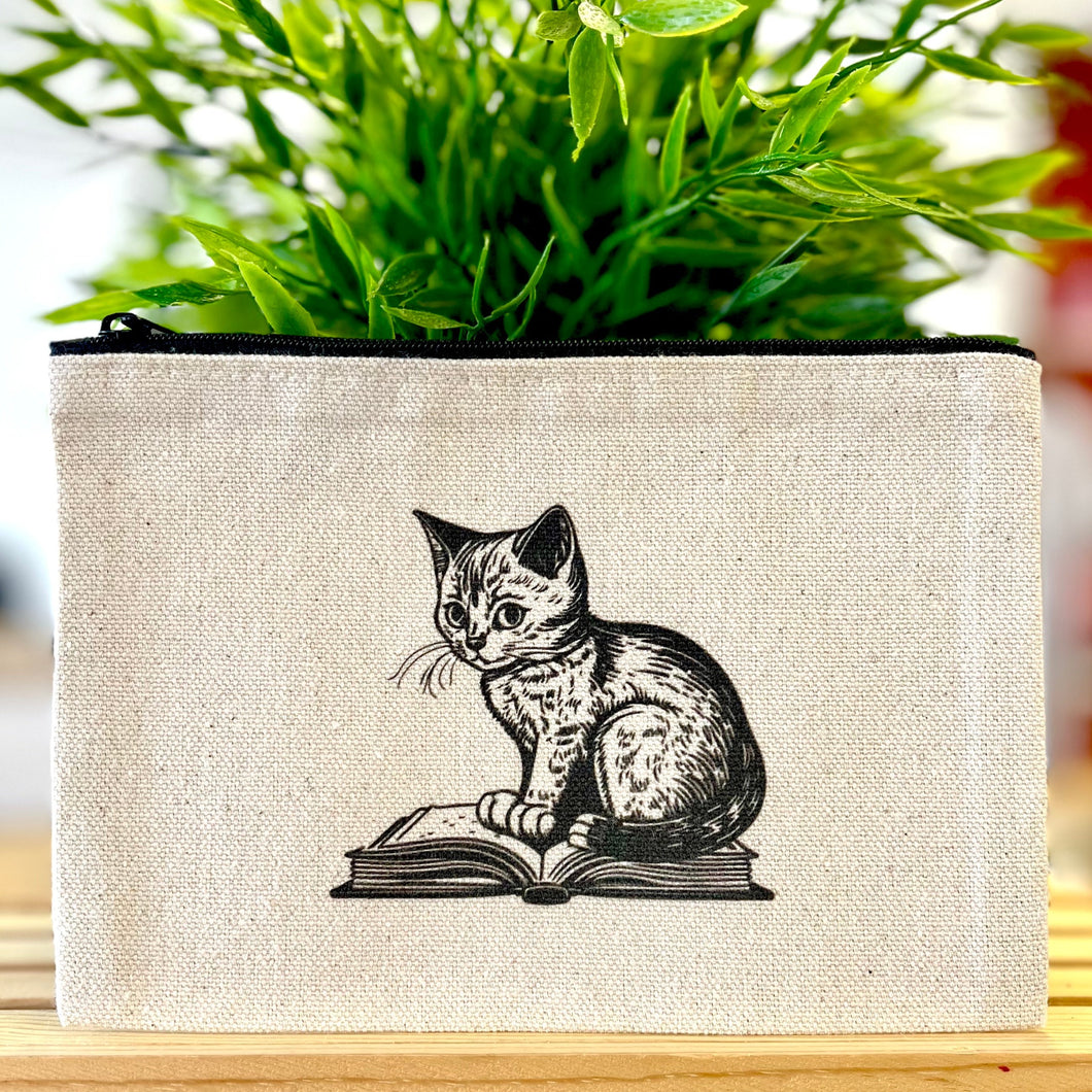 Canvas Cat Pouch - Library Cat (front)