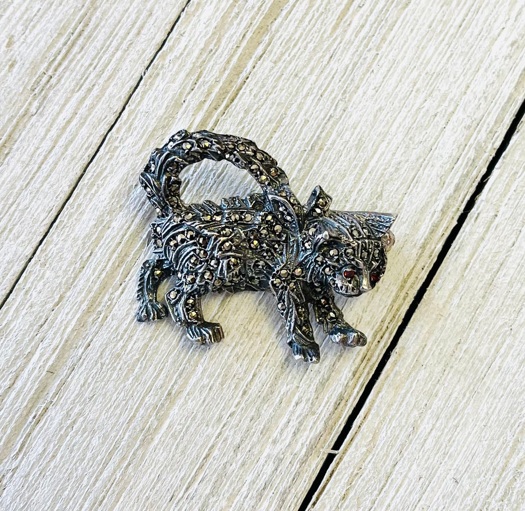 Vintage Silver Cat Pin With Marcasite Stones