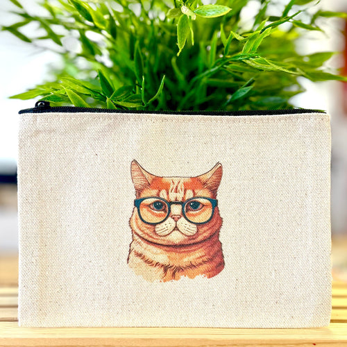 Canvas Cat Pouch - Orange Cat With Glasses (front)