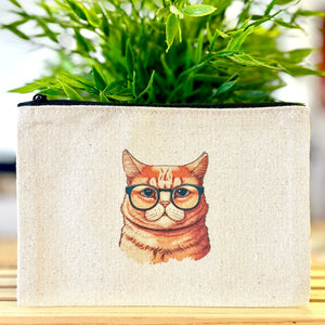 Canvas Cat Pouch - Orange Cat With Glasses (front)